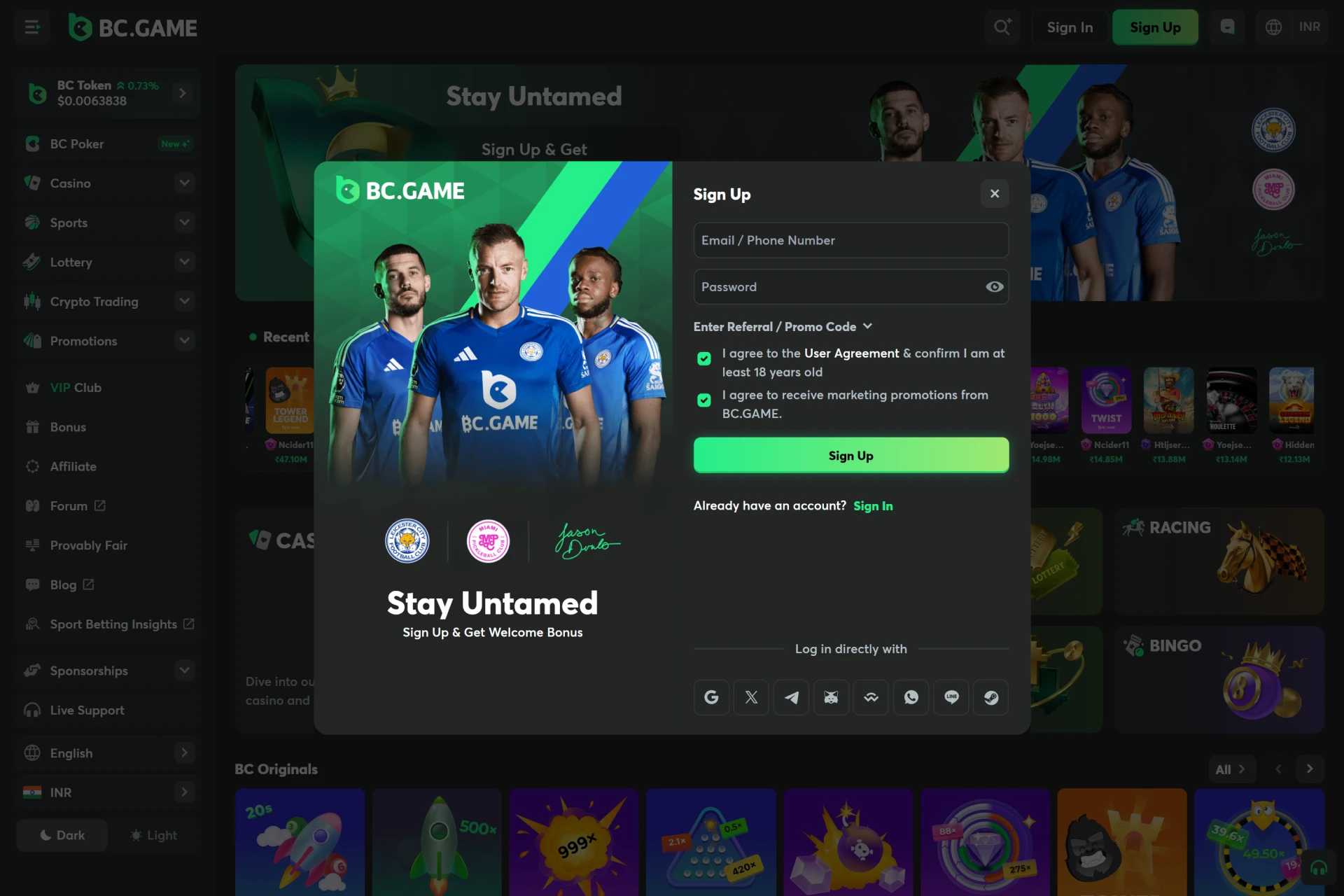 Quick and easy BC Game registration process.