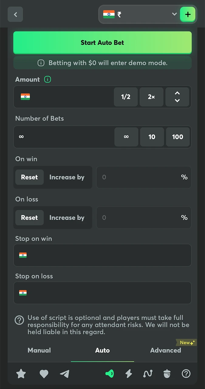Automatic betting mode in the Dice game from BC Game casino.