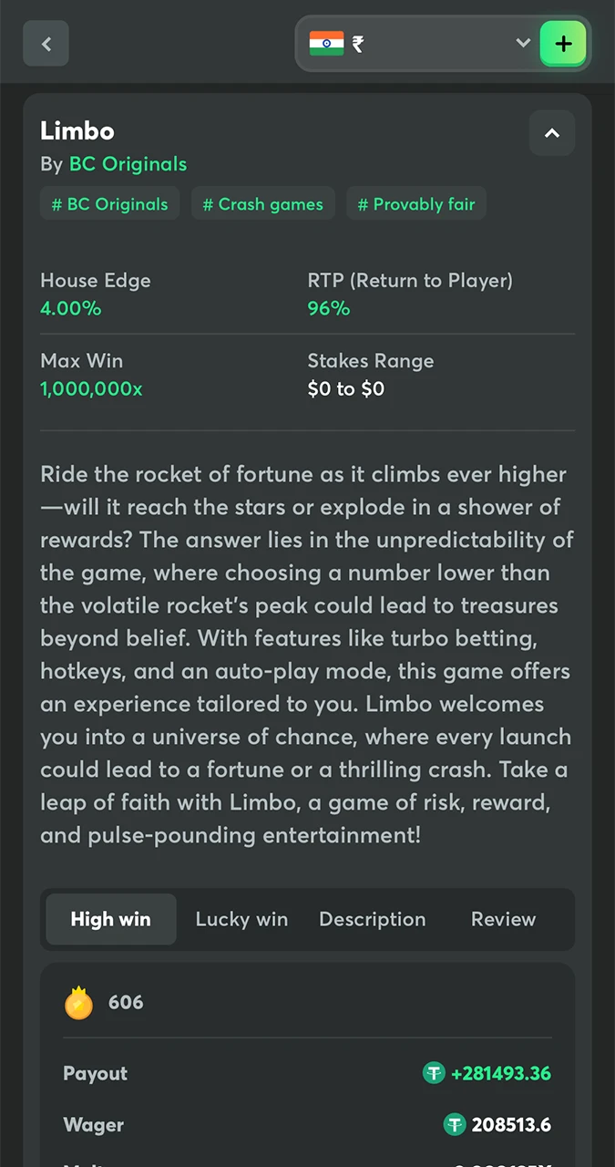 Explore the RTP rate in the Limbo game from BC Game Casino.