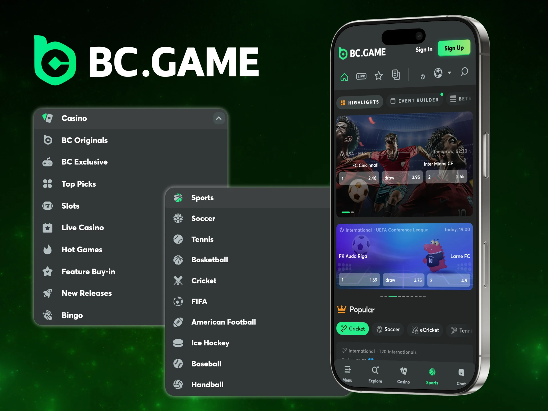 Check out the main categories available in the BC Game app.