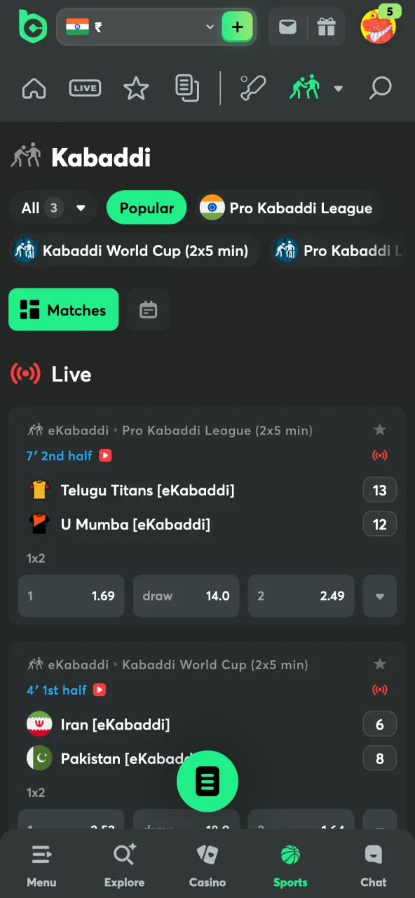 Open kabaddi events via Sports tab on BC Game.