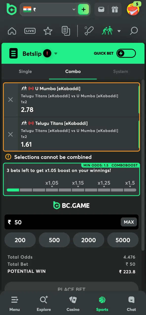 Enter stake amount and confirm kabaddi bet at BC Game.