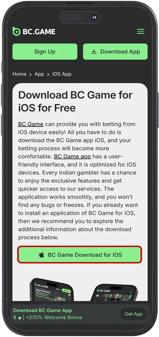 Add the mobile version of the BC Game platform to your iOS device.