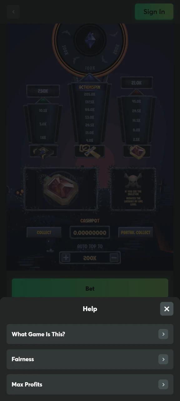 Click on the help button to open the menu in BC Game Cave of Plunder.