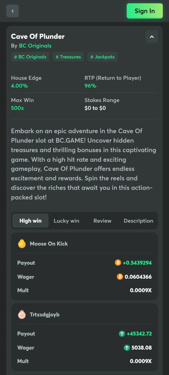 Check out the key information about BC Game's Cave of Plunder.