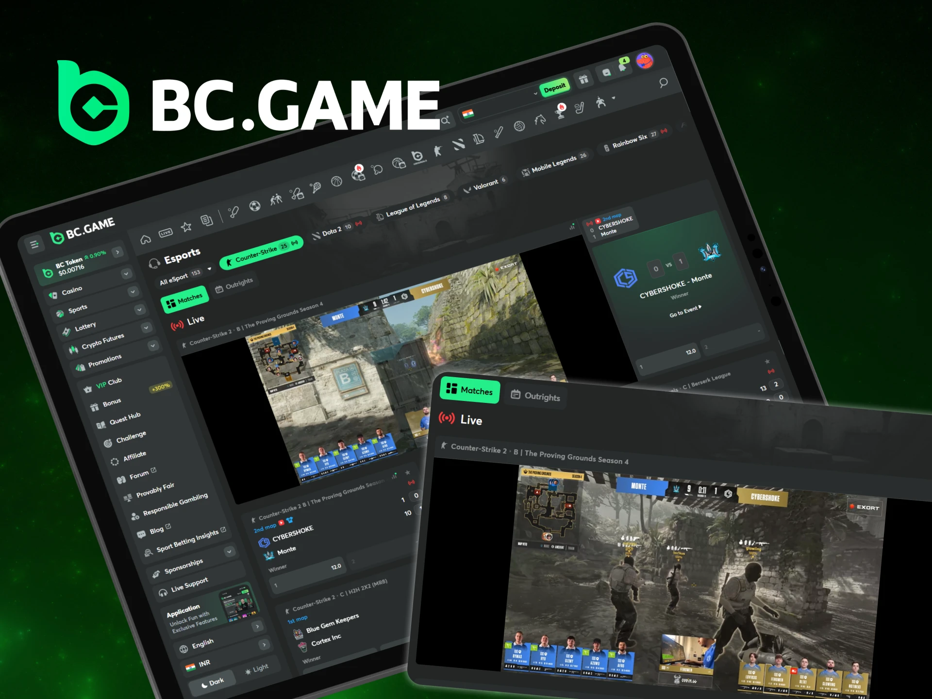 At BC Game, live betting on eSports is available.