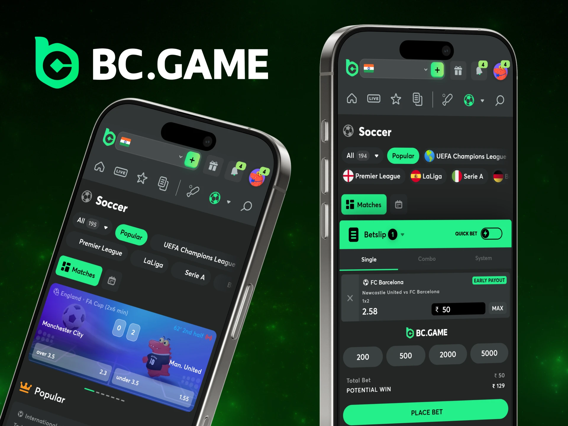 Bet on football on the BC Game app for Android or iOS.