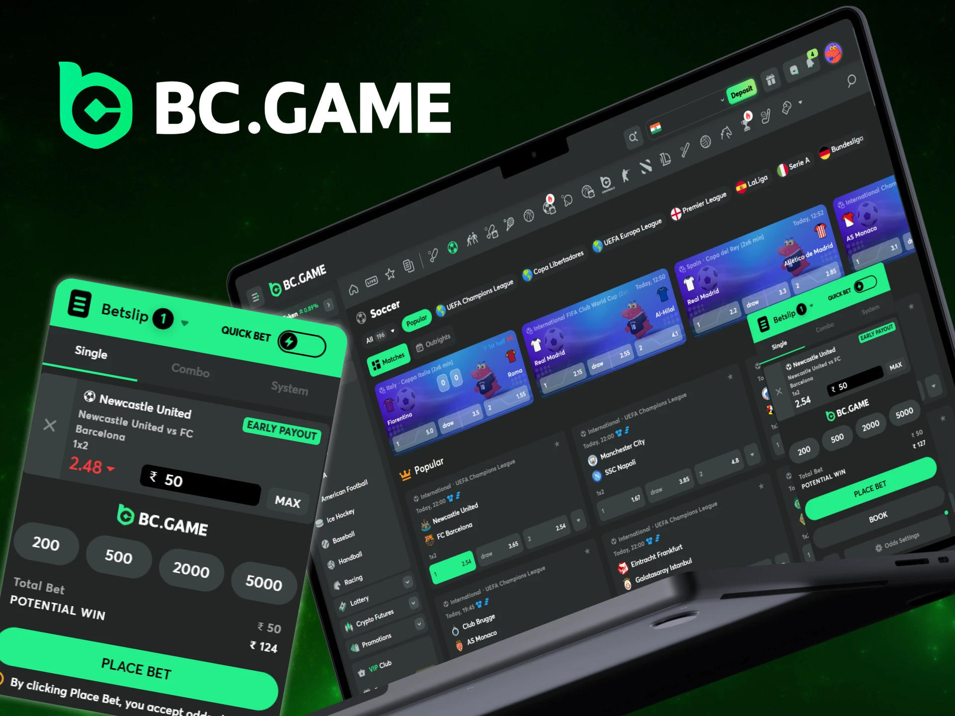 Select a football game you want to bet on at BC Game.