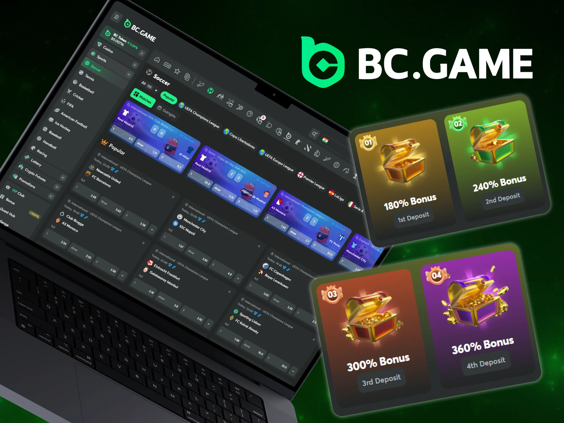 BC Game offers many bonuses for football betting.