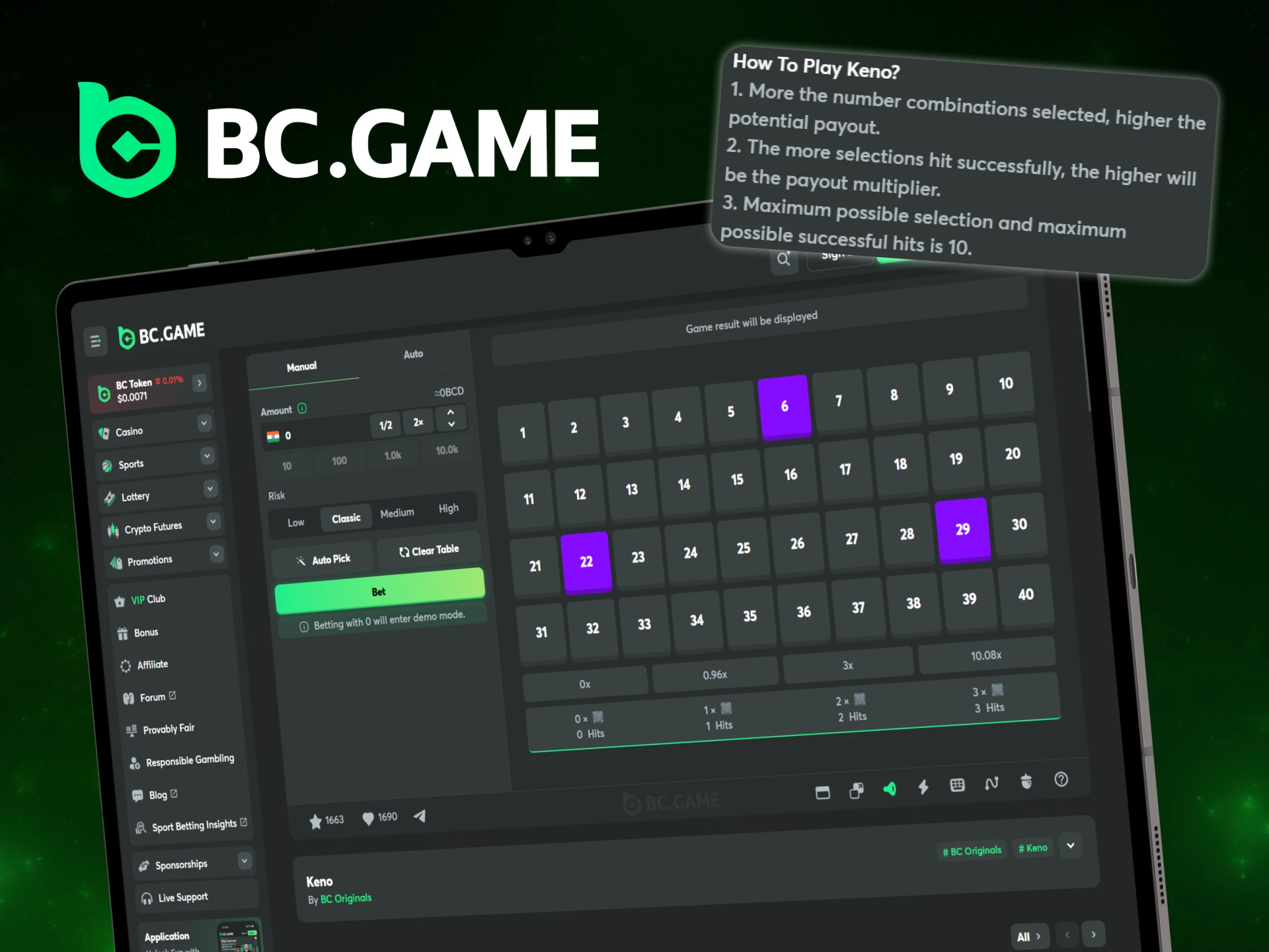 Learn more about the gameplay and rules of Keno at BC Game.