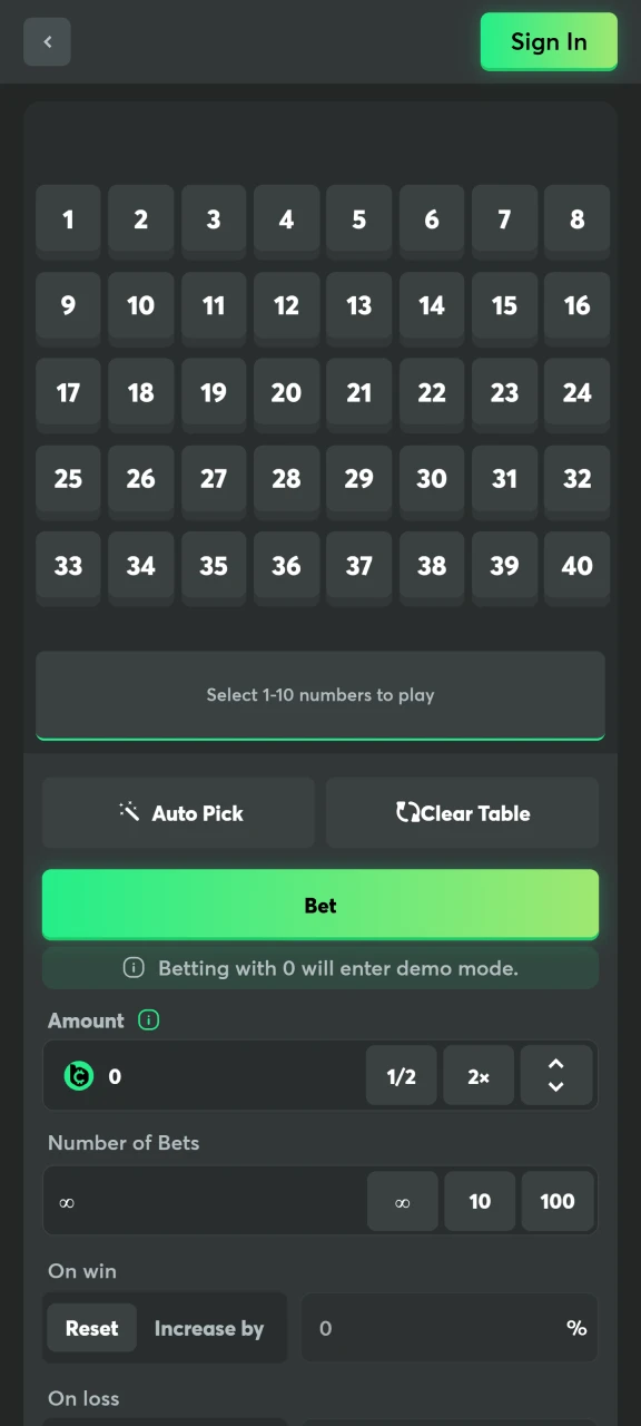 Place automatic bets on the Keno game at BC Game casino.