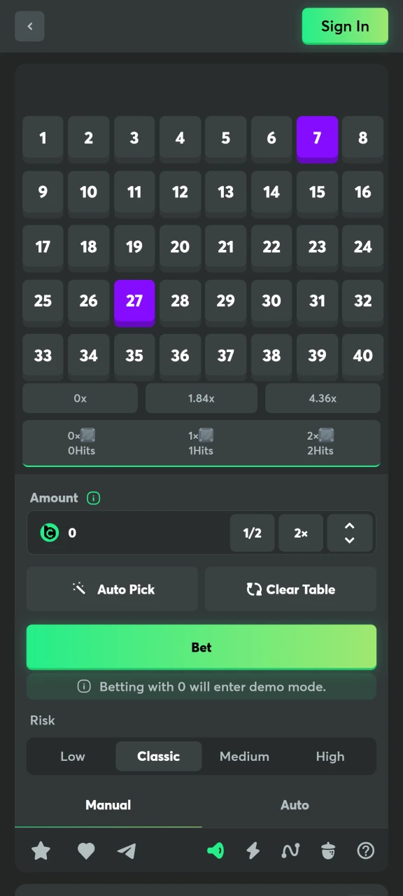 Place manual bets at BC Game Keno.