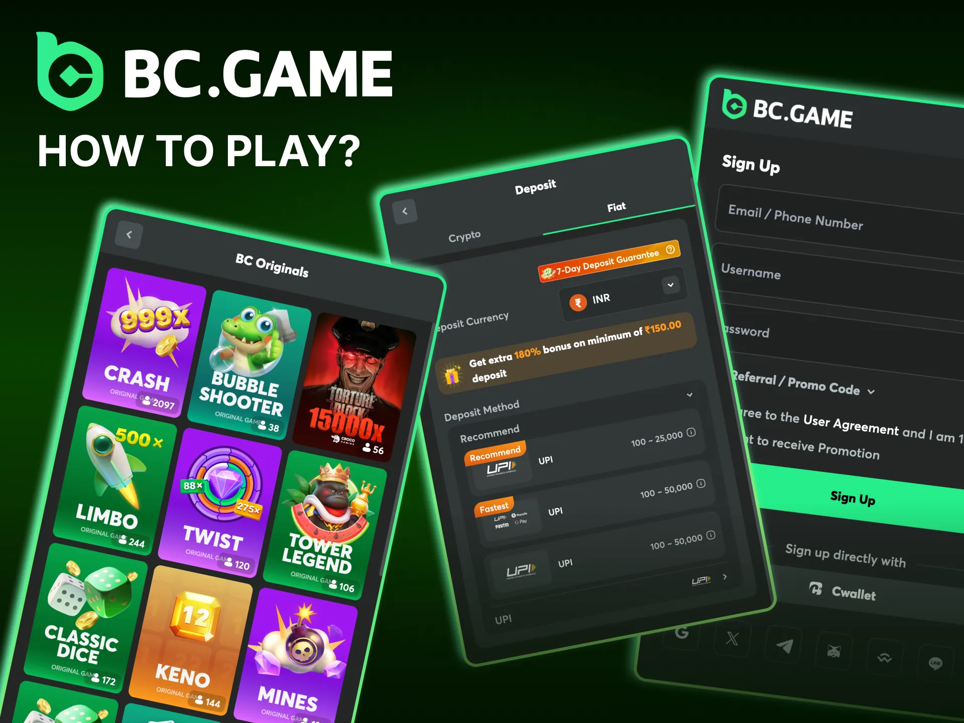 Steps to start playing BC Game Originals from registration to betting.