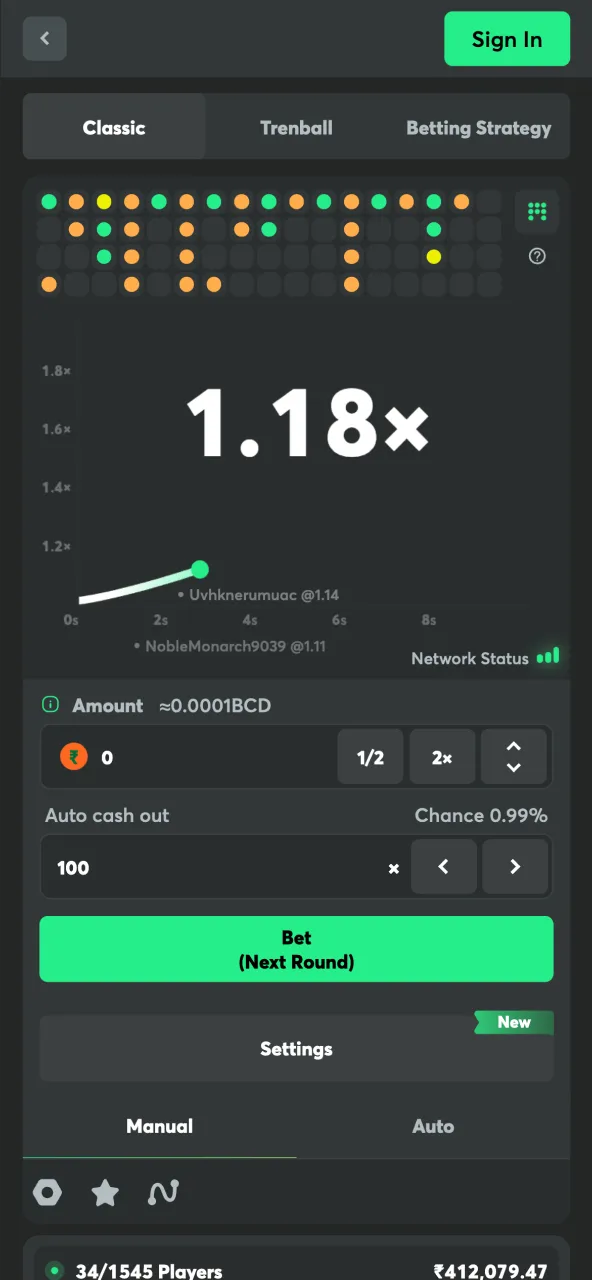 BC Game Crash showing the round history panel.