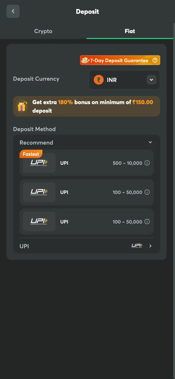 Select at BC Game the deposit currency.