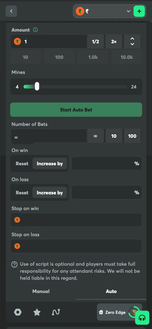 Easy mode selected in the BC Game Mines interface.