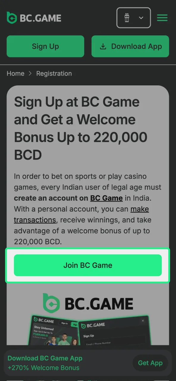 Open the registration form on the website at BC Game.