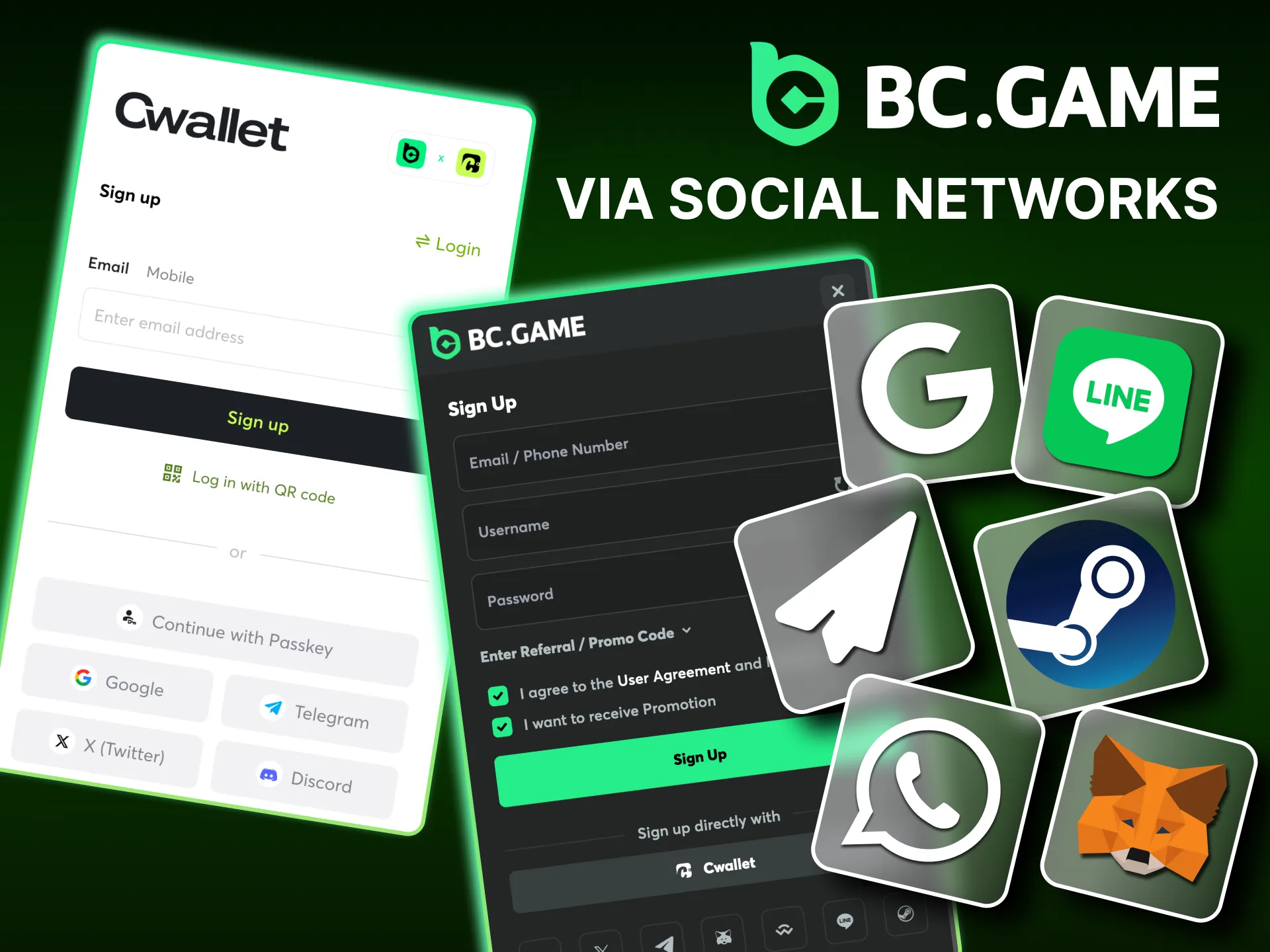 How can I register on the BC Game online casino website via social networks.